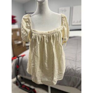 white cotton linen boho beachy square neck cream blouse LARGE